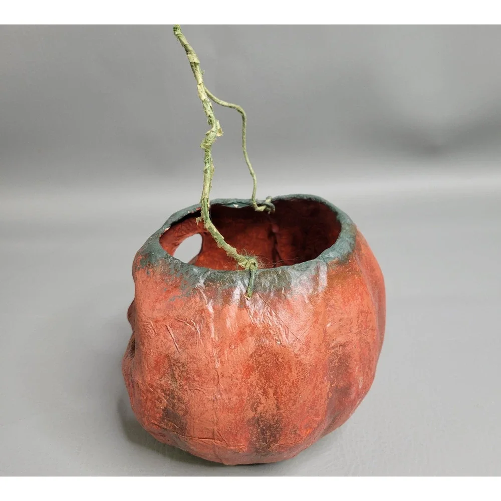 Halloween Paper Mache Pumpkin Pulp Paper Jack O Lantern Orange and Green Frown